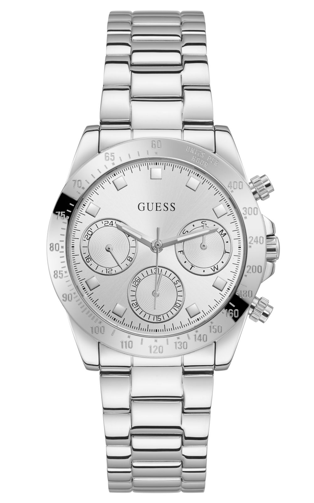 Γυναικείο ρολόι διαμέτρου 38mm με μηχανισμό QUARTZ Multi-Function ακριβείας με ασημί καντράν και ασημένιους δείκτες και λεπτομέρειες. GUESS ECLIPSE GW0314L1 Γυναικείο Ρολόι Quartz Multifuction Ακριβείας