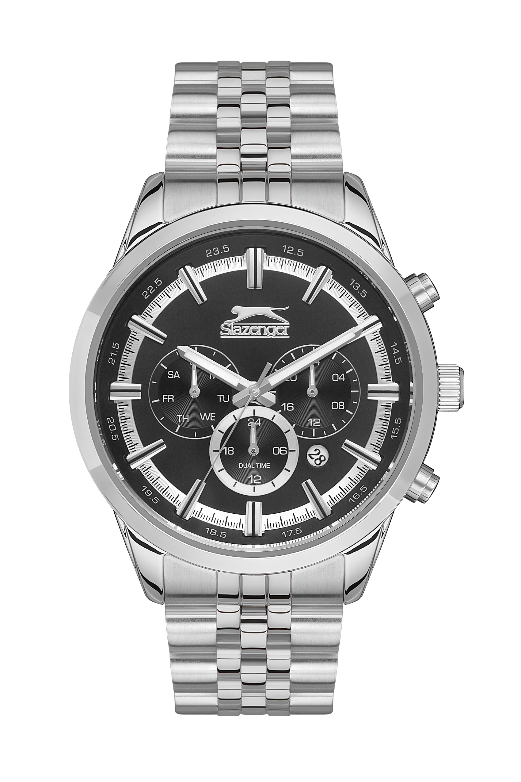 Ανδρικό ρολόι Slazenger διαμέτρου 44mm με μηχανισμό Quartz. Έχει ασημί κάσα από ανοξείδωτο ατσάλι και μαύρο καντράν με ασημί δείκτες. Το κρύσταλλο του είναι ορυκτό, το μπασελέ του είναι ασημί και το κούμπωμά του είναι ασφαλείας.