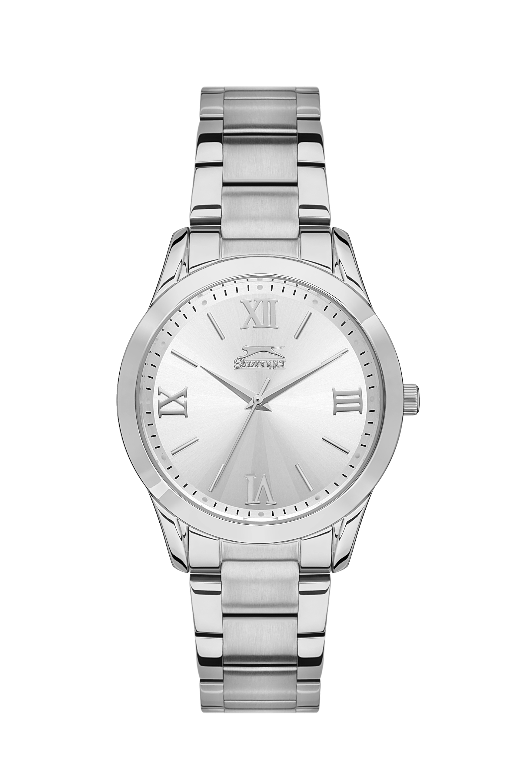 Γυναικείο ρολόι Slazenger διαμέτρου 36mm με μηχανισμό Quartz. Έχει κάσα σε  ασημί χρώμα από ανοξείδωτο ατσάλι και ασημί καντράν. Το κρύσταλλο του είναι ορυκτό, έχει μπρασελέ σε χρώμα ασημί και το κούμπωμά του είναι ασφαλείας. SL.09.2132.3.01