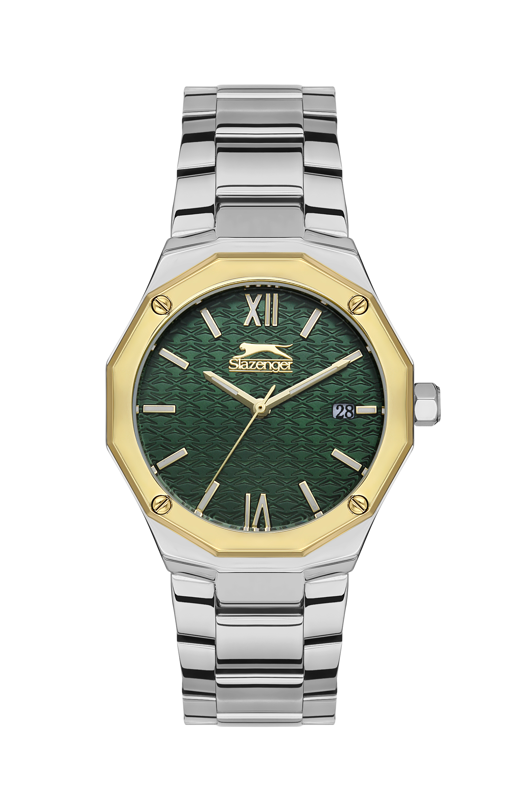 Γυναικείο ρολόι Slazenger διαμέτρου 34mm με μηχανισμό Quartz. Έχει κάσα σε χρυσό χρώμα από ανοξείδωτο ατσάλι και πράσινο καντράν. Το κρύσταλλο του είναι ορυκτό, το μπρασελέ του είναι σε χρώμα ασημί και το κούμπωμά του είναι ασφαλείας. SL.09.2149.3.03