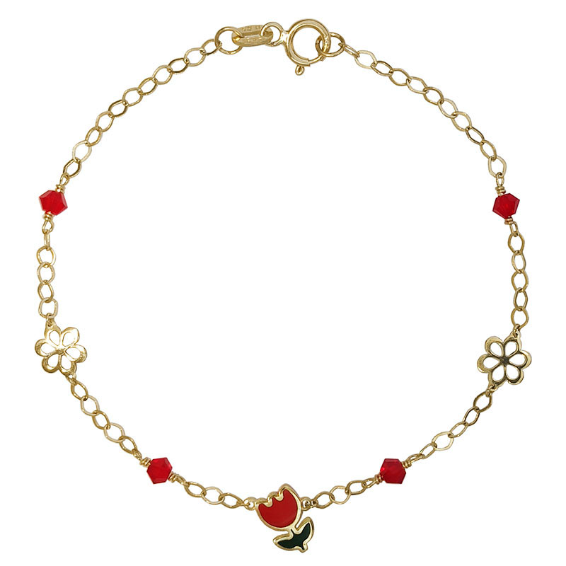 Παιδικό βραχιόλι από κίτρινο χρυσό 14 καρατίων με κόκκινες χάντρες και λουλουδάκια. Το βάρος του είναι 1,0 γραμμάρια. Όσον αφορά το συνολικό του μήκος, αυτό είναι 16,5 εκατοστά. χρυσό βραχιόλι κόκκινες πέτρες λουλούδι Κ14