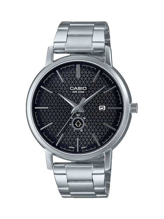Ανδρικό αναλογικό ρολόι της Casio με ασημί μπρασελέ και μηχανισμό μπαταρίας. Το κρύσταλλό του είναι ορυκτό, η κάσα του είναι από ανοξείδωτο ατσάλι και η διάμετρός της είναι 41 χιλιοστά. CASIO SILVER BRACELET MTP B125D 1AVEF