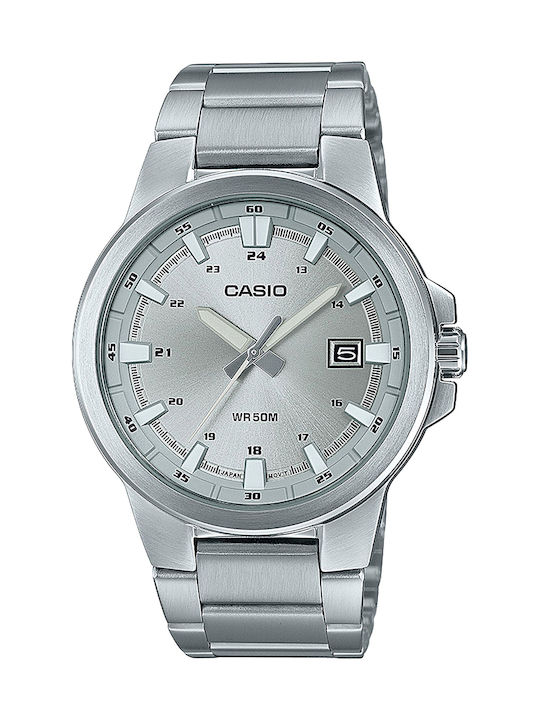 Ανδρικό αναλογικό ρολόι της Casio με ασημί μπρασελέ και μηχανισμό μπαταρίας. Το κρύσταλλό του είναι ορυκτό, η κάσα του είναι από ανοξείδωτο ατσάλι και η διάμετρός της είναι 41 χιλιοστά. CASIO SILVER BRACELET MTP E173D 7AVEF