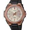 Γυναικείο ρολόι Casio με μηχανισμό μπαταρίας (quartz). Το λουράκι του είναι σε μαύρο χρώμα από καουτσούκ ενώ η κάσα του είναι σε ροζ χρυσό από ανοξείδωτο ατσάλι. Casio lwa 300hrg 5evef rose gold