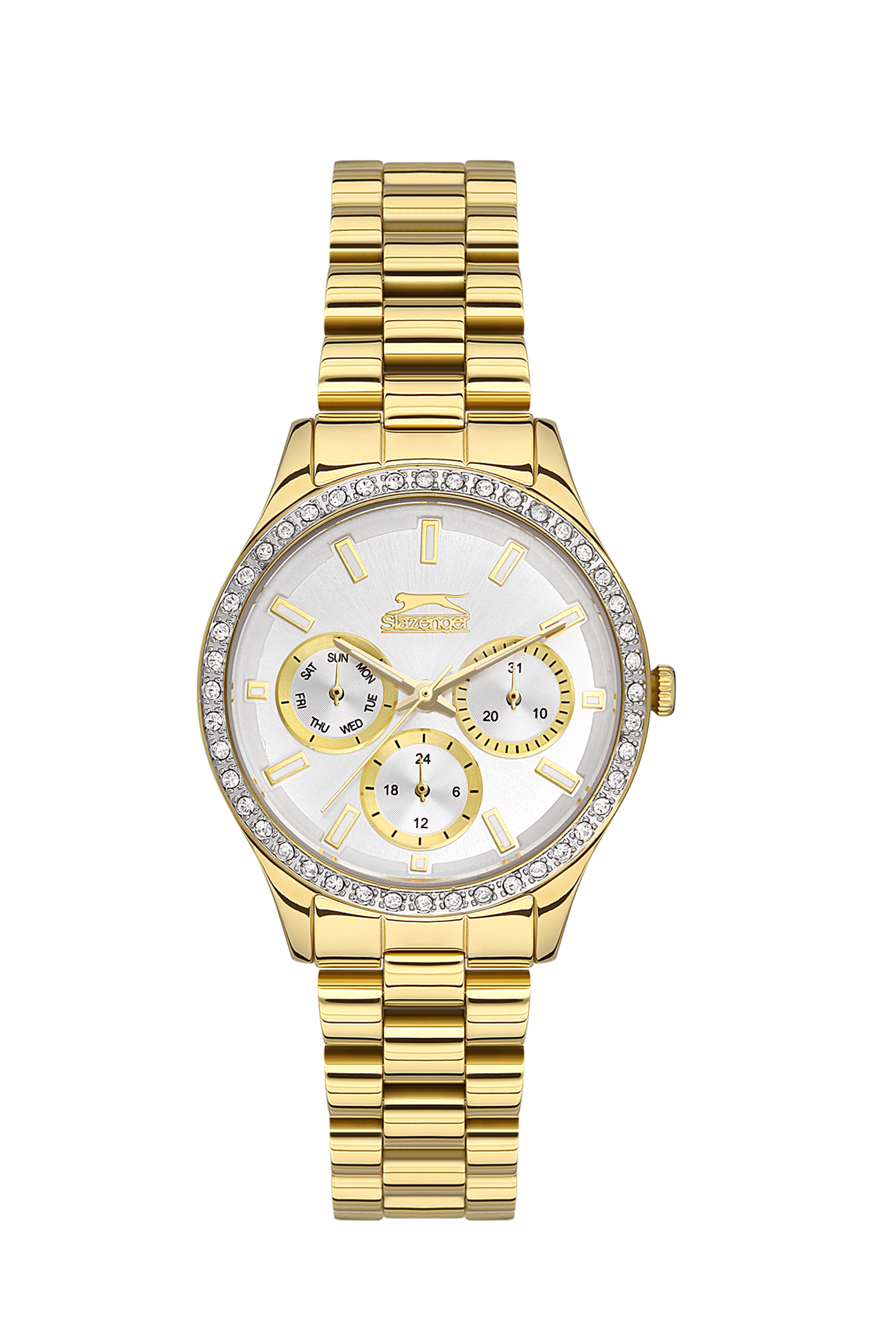 Γυναικείο ρολόι Slazenger διαμέτρου 34mm με μηχανισμό Quartz. Έχει κάσα με λευκές πέτρες ζιργκόν και έχει καντράν σε λεύκο χρώμα. Έχει ένδειξη ημερομηνίας, διπλής ώρας και ήμερας.