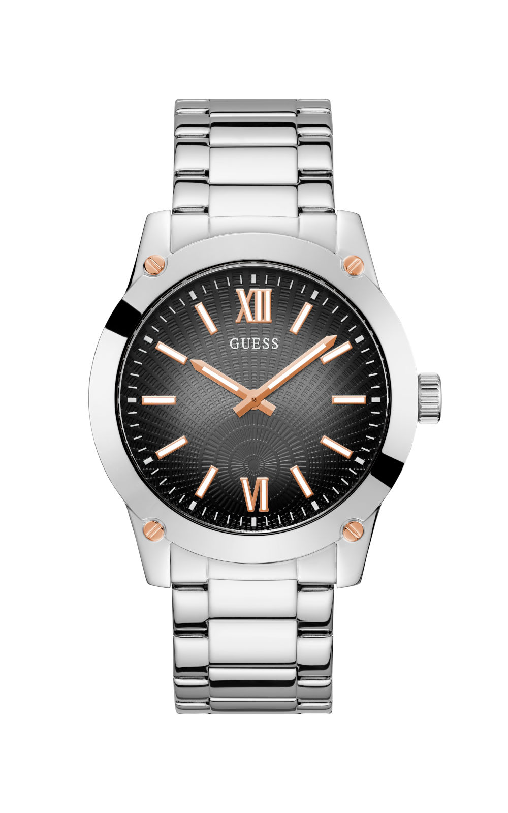 Ανδρικό ρολόι διαμέτρου 44mm με μηχανισμό QUARTZ ακριβείας. Έχει μαύρο καντράν και ροζ επίχρυσους δείκτες. GUESS GW0574G1 Ανδρικό Ρολόι Quartz Ακριβείας