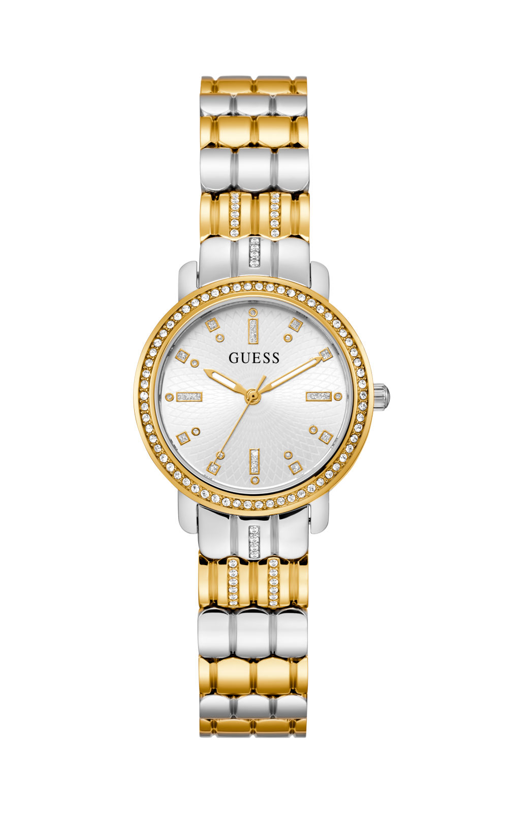 Γυναικείο ρολόι διαμέτρου 30mm με μηχανισμό QUARTZ ακριβείας. Έχει ασημένιο καντράν διακοσμημένο με κρύσταλλα, επίχρυσους δείκτες και λεπτομέρειες. GUESS HAYLEY GW0612L2 Γυναικείο Ρολόι Quartz Ακριβείας