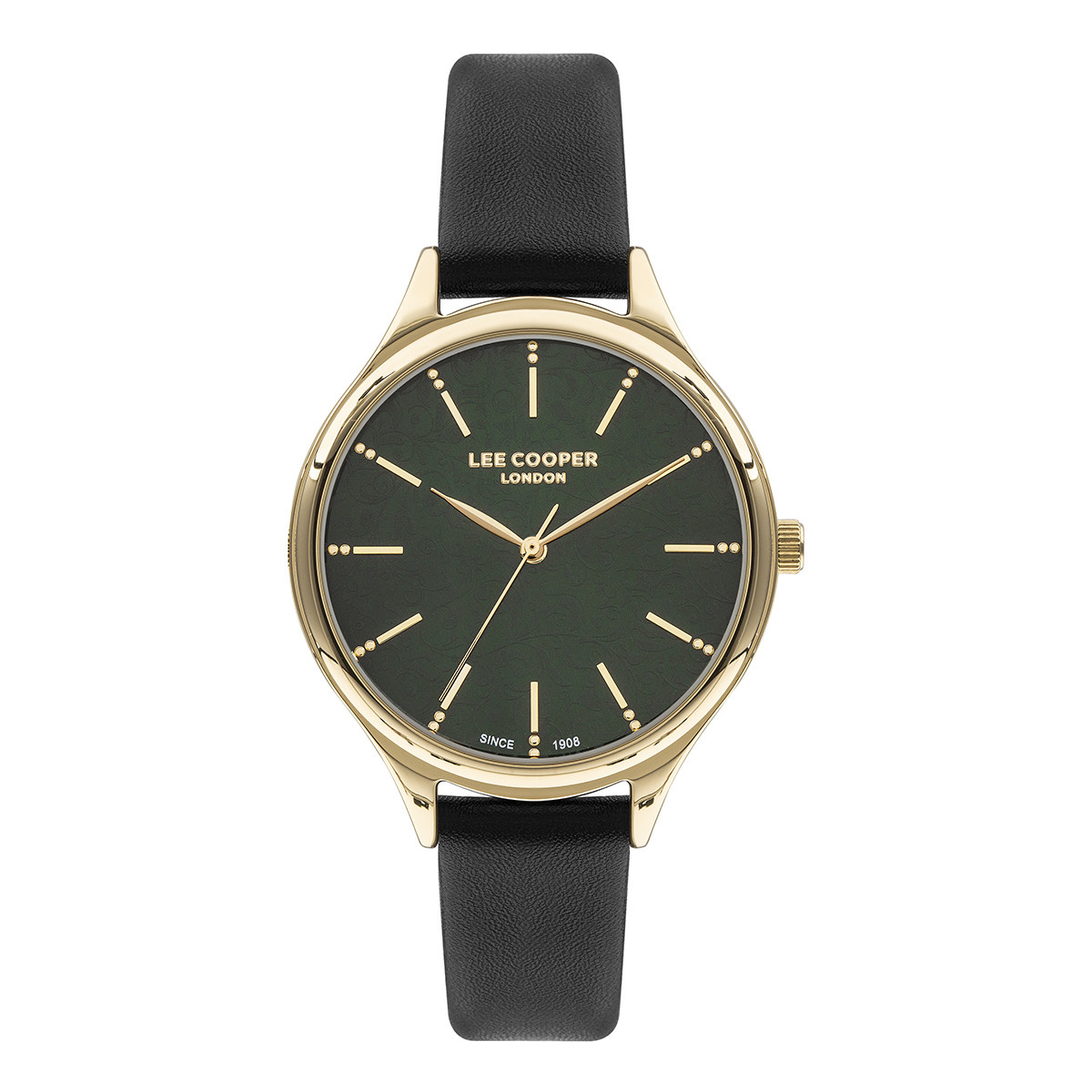 Γυναικείο ρολόι Lee Cooper διαμέτρου 36mm με μηχανισμό Quartz. Έχει κάσα σε χρώμα χρυσό και καντράν σε χρώμα πράσινο. Το κρύσταλλο του είναι ορυκτό-φυσικό, έχει δερμάτινο λουράκι σε μαύρο χρώμα και το κούμπωμά του είναι τοκάς. LEE COOPER lc07567.177