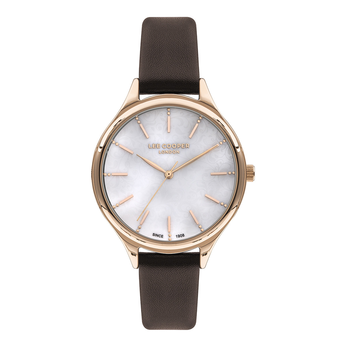 Γυναικείο ρολόι Lee Cooper διαμέτρου 36mm με μηχανισμό Quartz. Έχει κάσα σε χρώμα ροζ χρυσό και καντράν σε χρώμα mother of pearls (Φίλντισι). Το κρύσταλλο του είναι ορυκτό, έχει δερμάτινο λουράκι σε καφέ χρώμα και το κούμπωμά του είναι τοκάς.