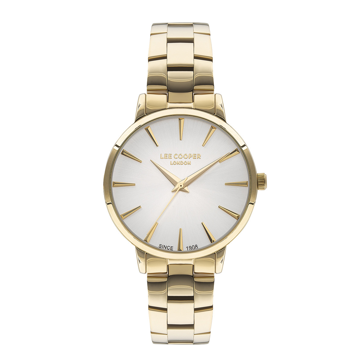 Γυναικείο ρολόι Lee Cooper διαμέτρου 35mm με μηχανισμό Quartz. Έχει κάσα σε χρώμα χρυσό και καντράν σε χρώμα ασημί. LEE COOPER lc07580.130