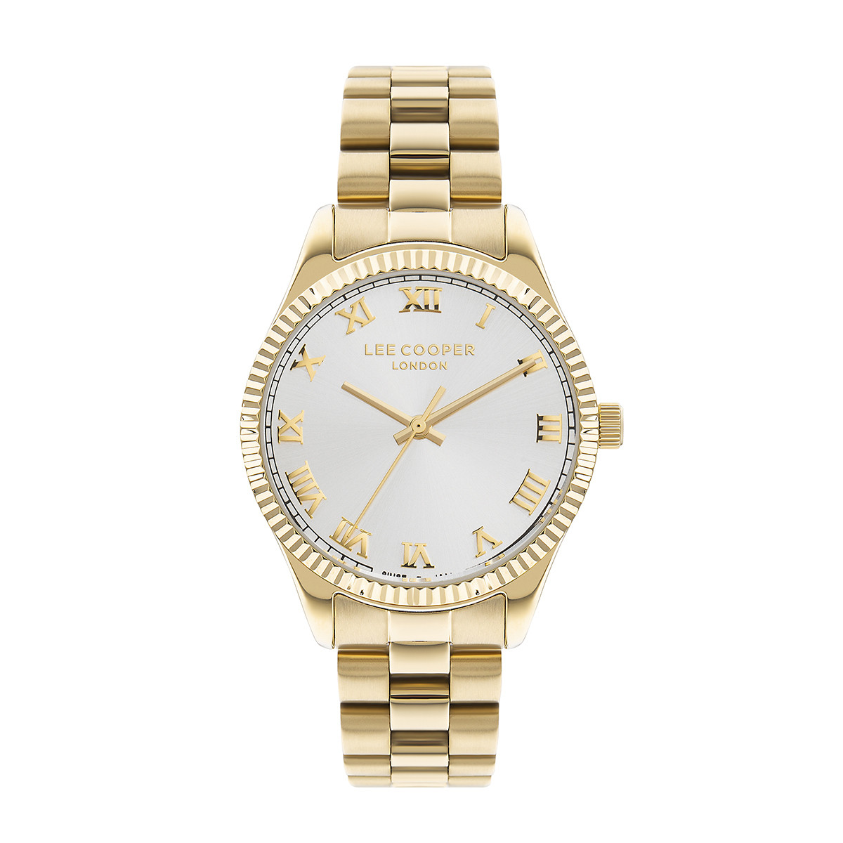 Γυναικείο ρολόι Lee Cooper διαμέτρου 35mm με μηχανισμό Quartz. Έχει κάσα σε χρώμα χρυσό και καντράν σε χρώμα ασημί. LEE COOPER lc07680.130