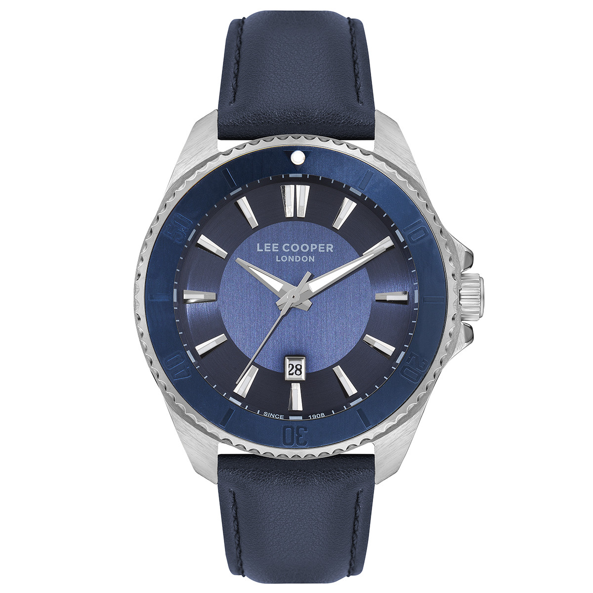Αντρικό ρολόι Lee Cooper διαμέτρου 45mm με μηχανισμό Quartz. Έχει κάσα σε χρώμα ασημί-μπλέ και καντράν σε μπλέ χρώμα. Το κρύσταλλο του είναι ορυκτό, έχει δερμάτινο λουράκι σε μπλέ χρώμα και το κούμπωμά του είναι τοκάς. LEE COOPER lc07870.399