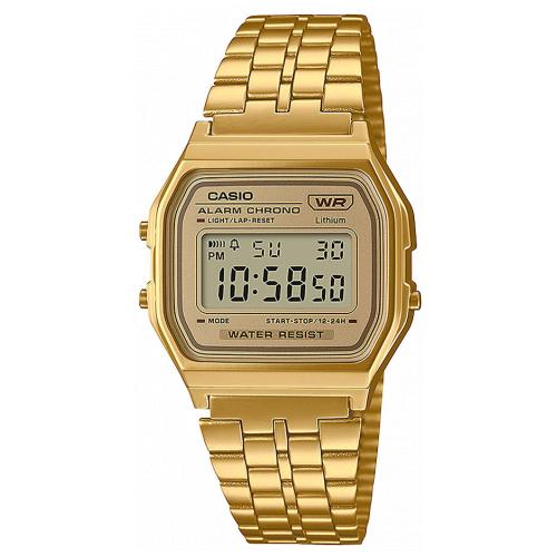 Ψηφιακό ρολόι της σειράς Vintage της εταιρίας Casio σε μεσαίο μέγεθος με μεταλλικό μπρασελέ σε χρυσό χρώμα. To μπρασελέ του έχει ένα ειδικό επιχρύσωμα, ιδιαιτέρως ανθεκτικό στις γρατσουνιές (ion-plated). casio digital gold A158WETG 9AEF