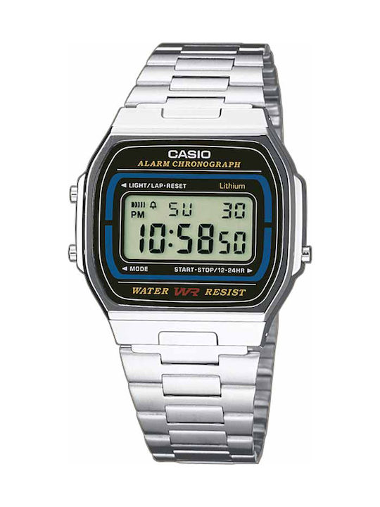 Ψηφιακό ρολόι της σειράς Vintage Iconic της εταιρίας Casio σε μεσαίο μέγεθος με μεταλλικό μπρασελέ σε ασημί χρώμα. Έχει μηχανισμό μπαταρίας που τροφοδοτεί το ρολόι με επαρκή ενέργεια για 7 χρόνια. casio psifiako roloi chronografos me metalliko mprasele se asimi chroma a 164wa 1ves