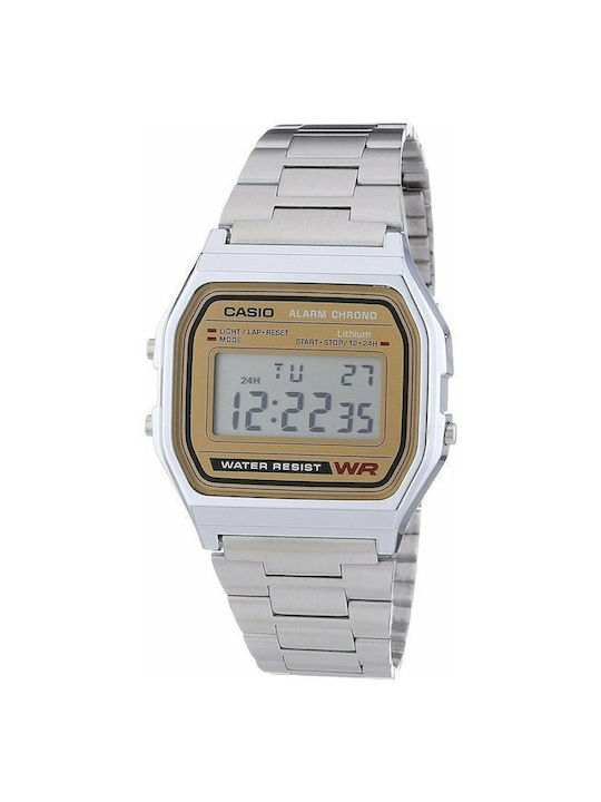 Ψηφιακό ρολόι της σειράς Vintage της εταιρίας Casio σε μεσαίο μέγεθος με μεταλλικό μπρασελέ σε ασημί χρώμα. Έχει μηχανισμό μπαταρίας που τροφοδοτεί το ρολόι με επαρκή ενέργεια για 7 χρόνια. casio roloi chronografos mpatarias me asimi metalliko mprasele a158wea 9ef