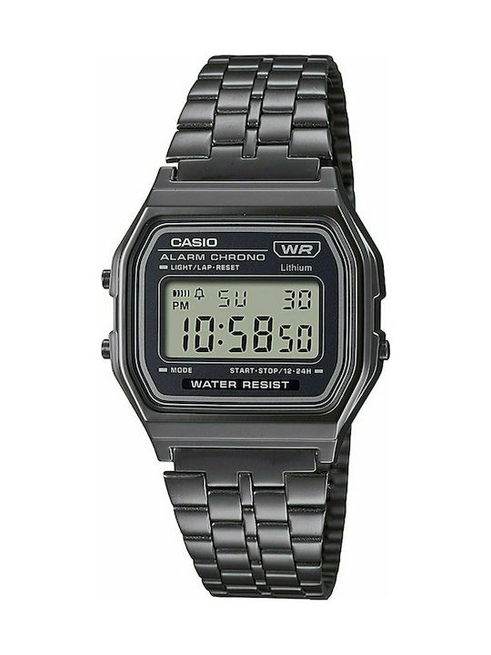 Ψηφιακό ρολόι της σειράς Vintage της εταιρίας Casio σε μεσαίο μέγεθος με μεταλλικό μπρασελέ σε μαύρο χρώμα. Έχει μηχανισμό μπαταρίας και είναι ανθεκτικό σε ελάχιστη επαφή με το νερό (τυχαίες σταγόνες, 3 atm/30 μέτρα). Casio Vintage digital Watch Black a 158wetb 1aef