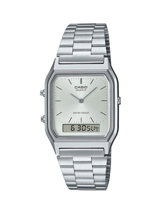 Ψηφιακό ρολόι της σειράς Vintage της εταιρίας Casio σε μεσαίο μέγεθος με μεταλλικό μπρασελέ σε ασημί χρώμα. Έχει μηχανισμό μπαταρίας και είναι ανθεκτικό σε ελάχιστη επαφή με το νερό (τυχαίες σταγόνες, 3 atm/30 μέτρα). Casio vintage digital watch silver aq 230a 7amqyes