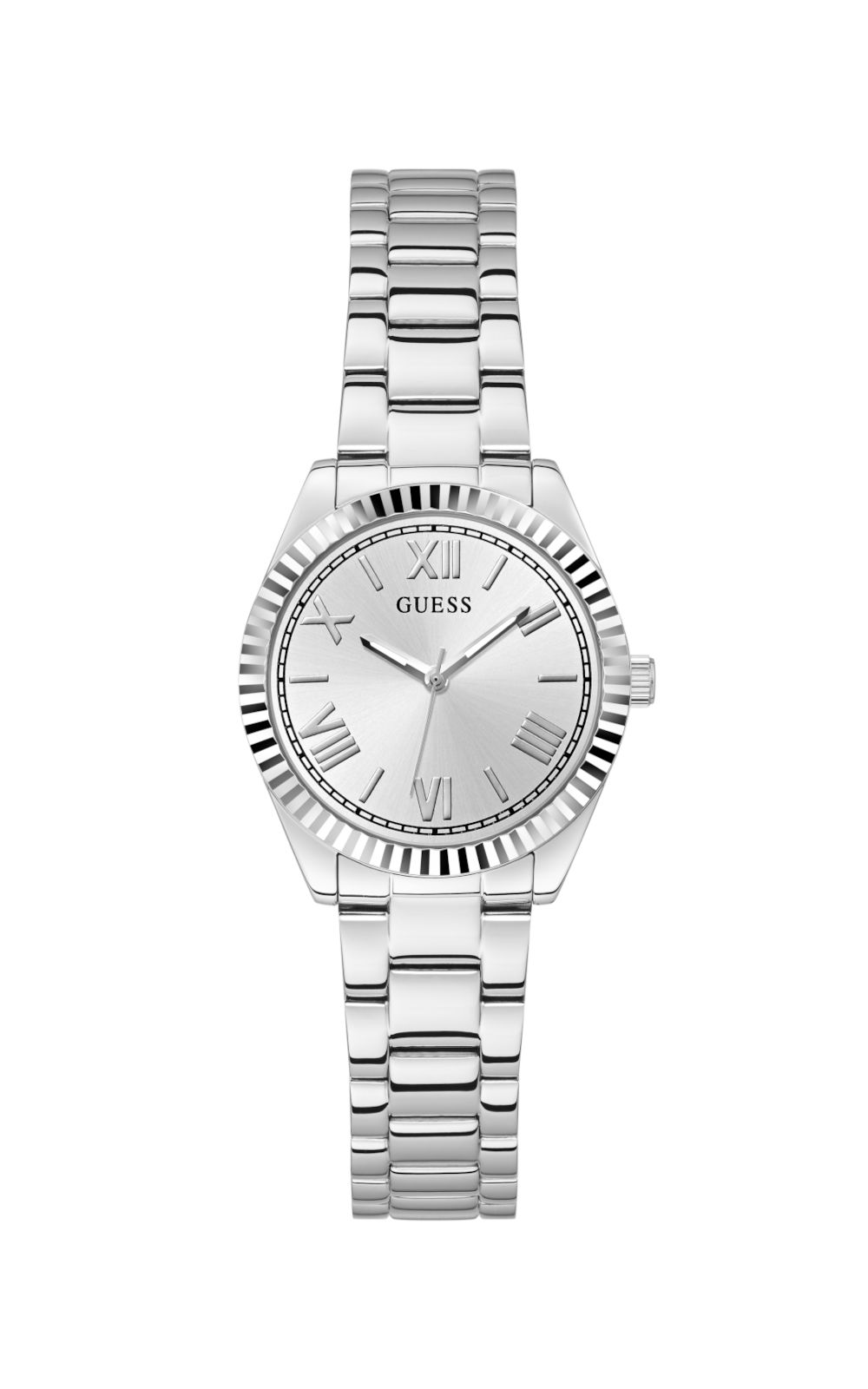 Γυναικείο ρολόι διαμέτρου 30mm με μηχανισμό QUARTZ ακριβείας. Έχει ασημί καντράν με ασημί δείκτες και λεπτομέρειες. GUESS MINI LUNA GW0687L1 Γυναικείο Ρολόι Quartz Ακριβείας