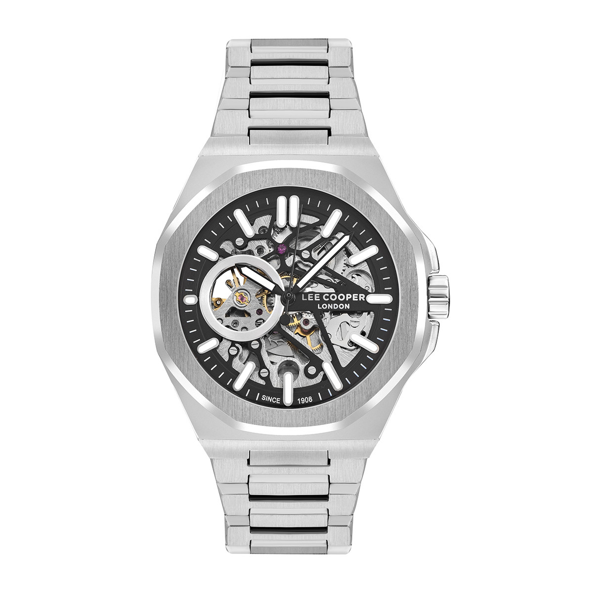 Αντρικό ρολόι Lee Cooper διαμέτρου 44mm με μηχανισμό Quartz. Έχει κάσα σε μαύρο χρώμα και καντράν σε χρώμα λευκό . Το μπρασελέ του είναι δίχρωμο ασημί-χρυσό. antriko roloi asimi lc07977.350
