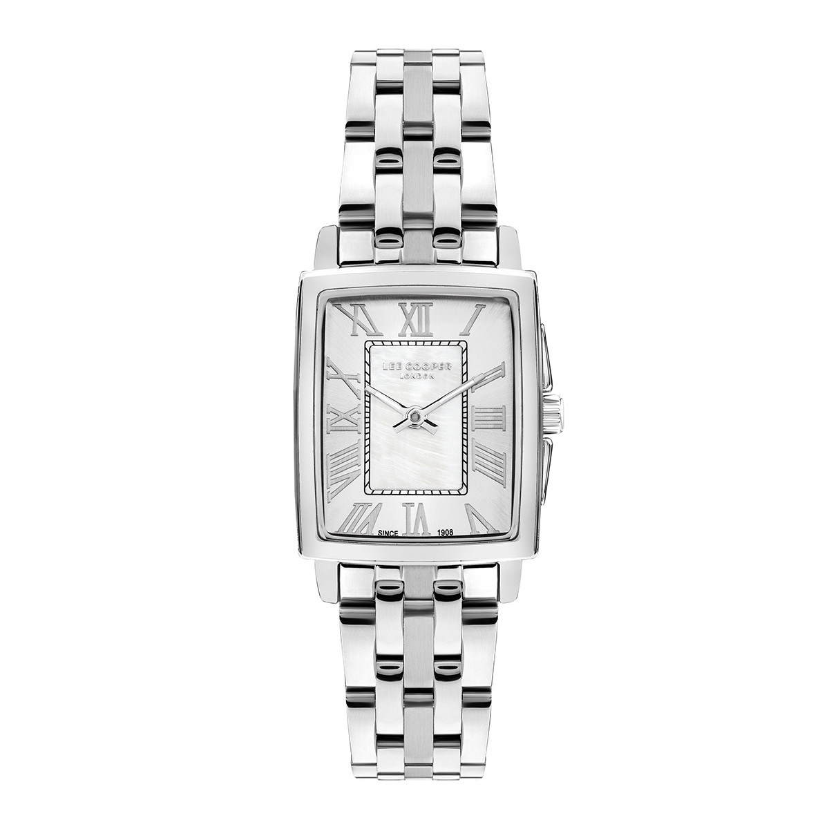 Γυναικείο ρολόι Lee Cooper διαμέτρου 26.8mm με μηχανισμό Quartz. Έχει κάσα και καντράν  σε ασημί χρώμα. Το κρύσταλλο του είναι ορυκτό και το κούμπωμά του είναι ασφαλείας. Είναι αδιάβροχο (3ΑΤΜ). gunaikeio rolio lc07940.330