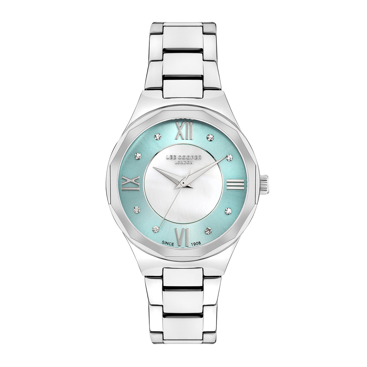 Γυναικείο ρολόι Lee Cooper διαμέτρου 32mm με μηχανισμό Quartz. Έχει κάσα σε ασημί χρώμα και δίχρωμο καντράν σε χρώμα πετρόλ-ασημί . Το κρύσταλλο του είναι ορυκτό και το κούμπωμά του είναι ασφαλείας. gunaikeio roloi asimi petrol lc07922.320