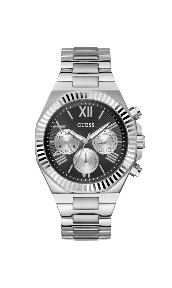 Ανδρικό ρολόι διαμέτρου 44mm με μηχανισμό Quartz Multi-Function ακριβείας. Έχει μαύρο καντράν με ασημένιους δείκτες και ασημένιες λεπτομέρειες. Η κάσα του είναι από ανοξείδωτο ατσάλι, με κρύσταλλο από ορυκτό κρύσταλλο ειδικής σκλήρυνσης. Ανδρικό Ρολόι GUESS EQUITY GW0703G1