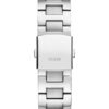 Ανδρικό ρολόι διαμέτρου 44mm με μηχανισμό Quartz Multi-Function ακριβείας. Έχει μαύρο καντράν με ασημένιους δείκτες και ασημένιες λεπτομέρειες. Η κάσα του είναι από ανοξείδωτο ατσάλι, με κρύσταλλο από ορυκτό κρύσταλλο ειδικής σκλήρυνσης. Ανδρικό Ρολόι GUESS EQUITY GW0703G1 2