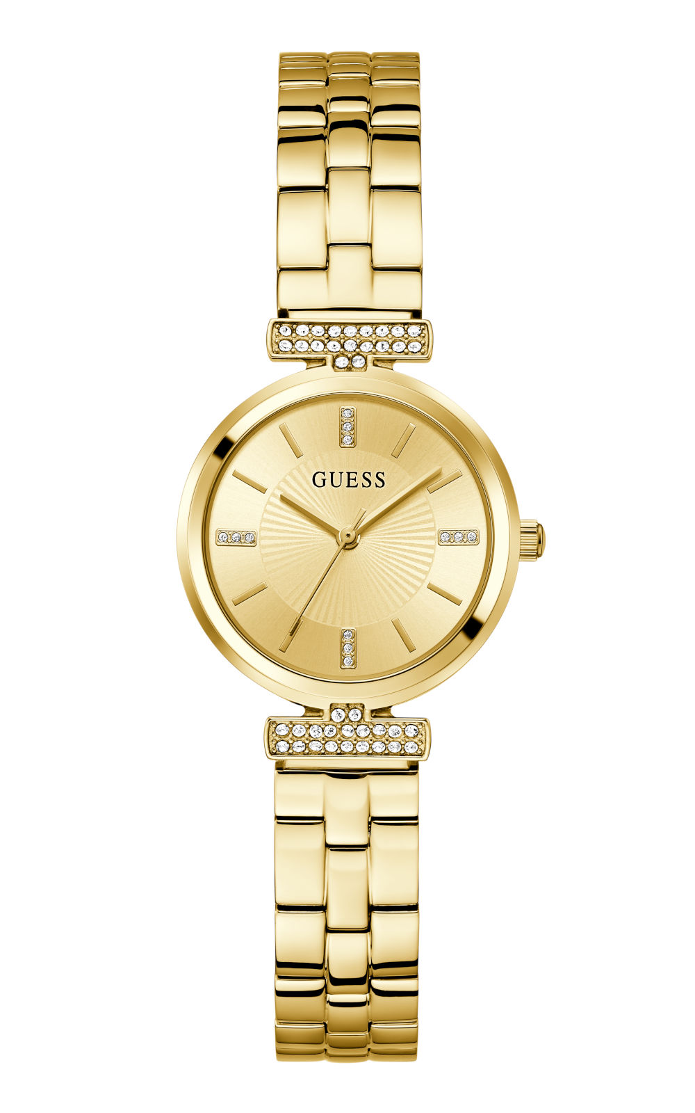 Γυναικείο ρολόι διαμέτρου 28mm με μηχανισμό QUARTZ ακριβείας. Έχει χρυσό καντράν με διαφανείς πέτρες ζιργκόν και επίχρυσους δείκτες. GUESS ARRAY GW0762L2 Γυναικείο Ρολόι Quartz Ακριβείας