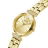 Γυναικείο ρολόι διαμέτρου 28mm με μηχανισμό QUARTZ ακριβείας. Έχει χρυσό καντράν με διαφανείς πέτρες ζιργκόν και επίχρυσους δείκτες. GUESS ARRAY GW0762L2 Γυναικείο Ρολόι Quartz Ακριβείας4