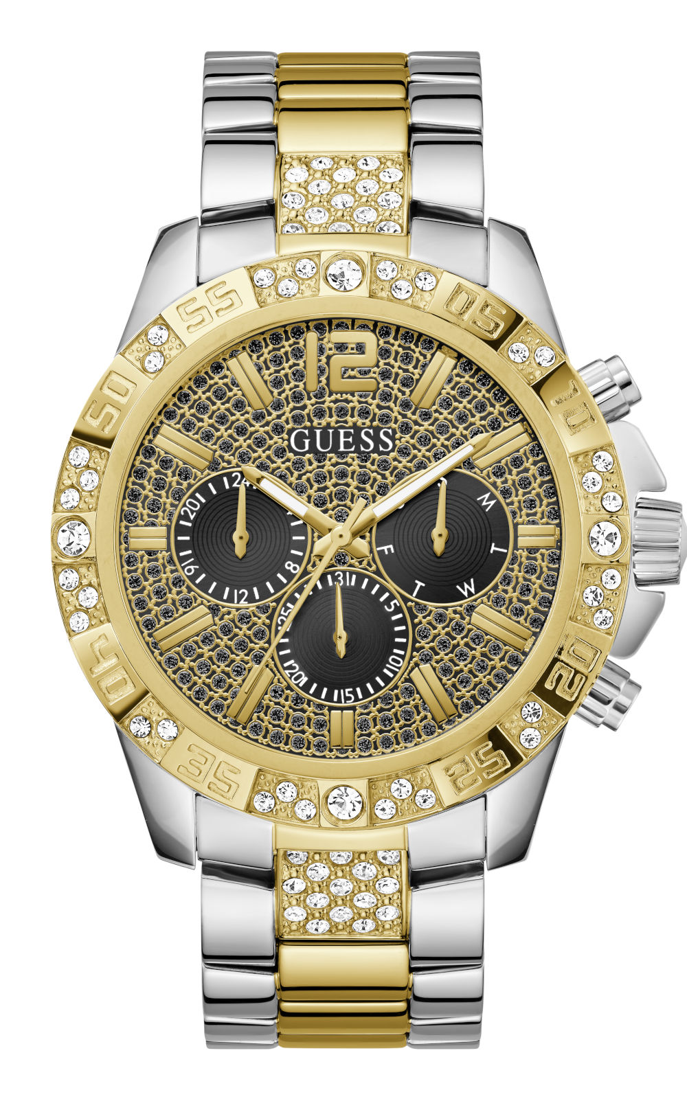 Ανδρικό ρολόι διαμέτρου 48mm με μηχανισμό QUARTZ MULTIFUCTION ακριβείας. Έχει χρυσό καντράν με χρυσούς δείκτες, χρυσές λεπτομέρειες και πέτρες ζιργκόν. GUESS MAJESTIC GW0796G3 Ανδρικό Ρολόι Quartz Multifuction Ακριβείας