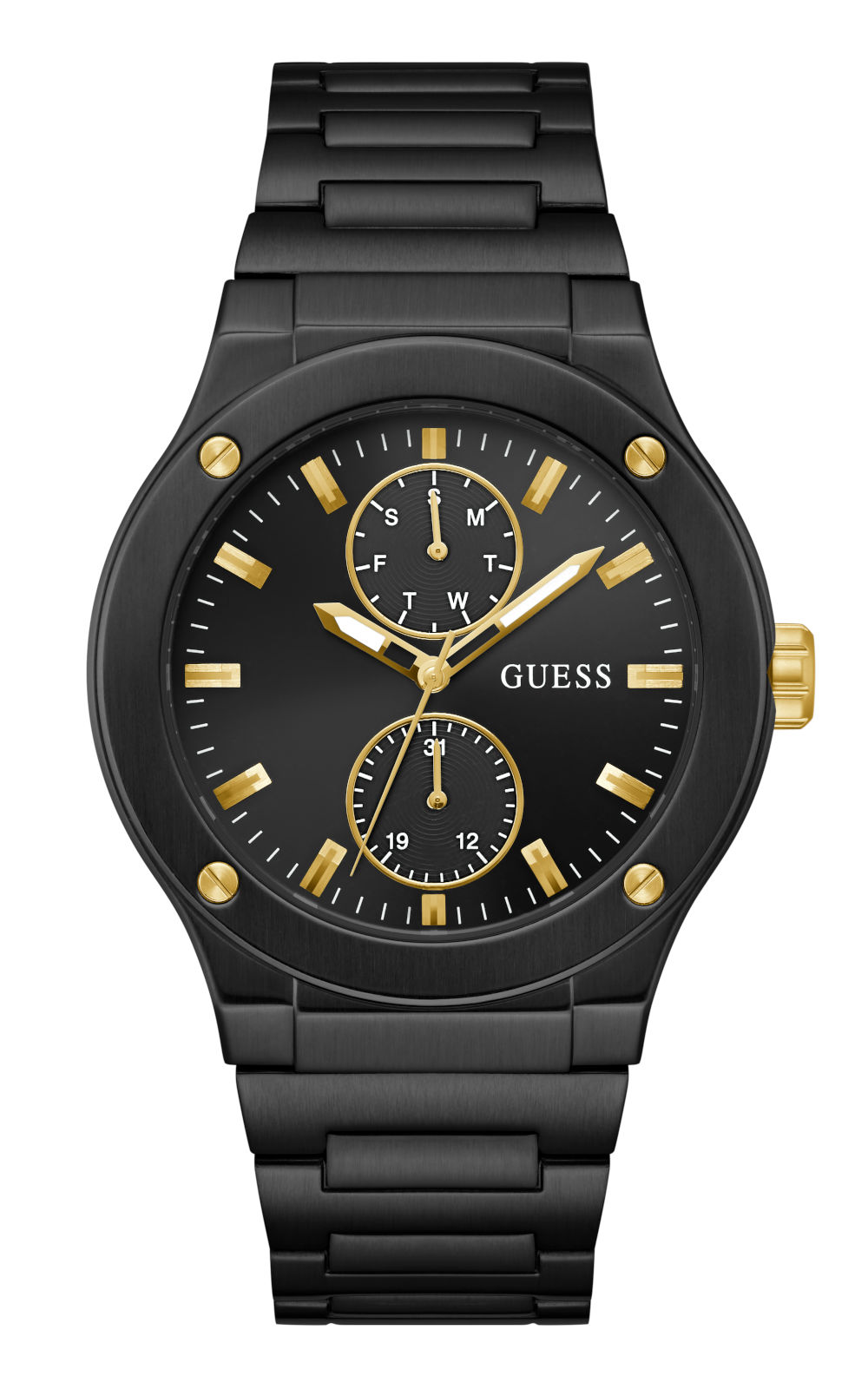 Ανδρικό ρολόι διαμέτρου 45mm με μηχανισμό QUARTZ MULTIFUCTION ακριβείας. Έχει μαύρο καντράν με χρυσούς δείκτες και χρυσές λεπτομέρειες. Η κάσα του είναι από ανακυκλωμένο ατσάλι. GUESS JET GW0795G3 Ανδρικό Ρολόι Quartz Multifuction Ακριβείας