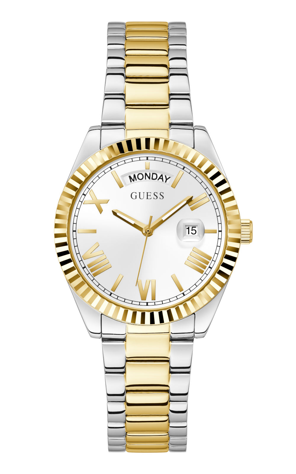 Γυναικείο ρολόι διαμέτρου 36mm με μηχανισμό QUARTZ ακριβείας. Έχει ασημένιο καντράν με επίχρυσους δείκτες και λεπτομέρειες. GUESS LUNA GW0308L6 Γυναικείο Ρολόι Quartz Ακριβείας