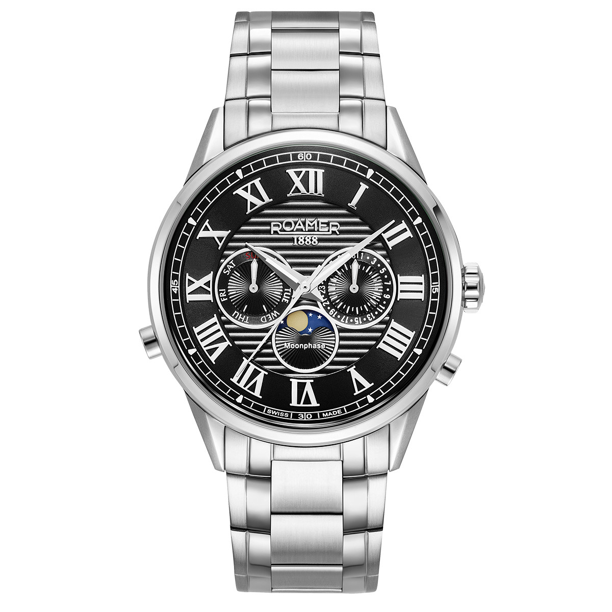 Andriko roloi roamer superior moonphase 43mm ashmi brasele mauro kandran Andriko roloi roamer superior moonphase II black 513821 41 85 50