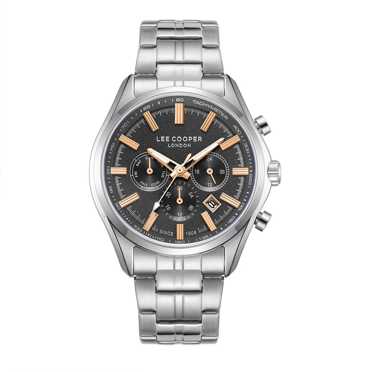Andriko roloi Lee Cooper me ashmi bracele, mauro kadran kai rose gold leptomereies, 44mm Andriko roloi Lee Cooper silver black lc08199360