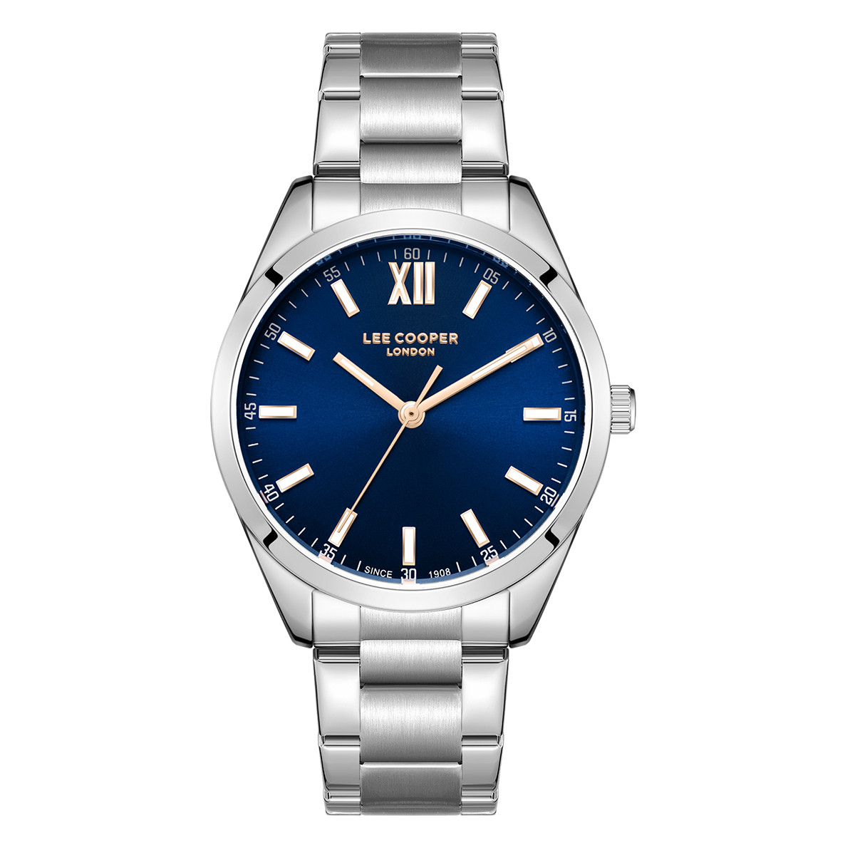 Andriko roloi Lee Cooper me asimi brasele kai skouro mple kadran sta 41mm. Andriko roloi Lee Cooper silver blue lc08015.390