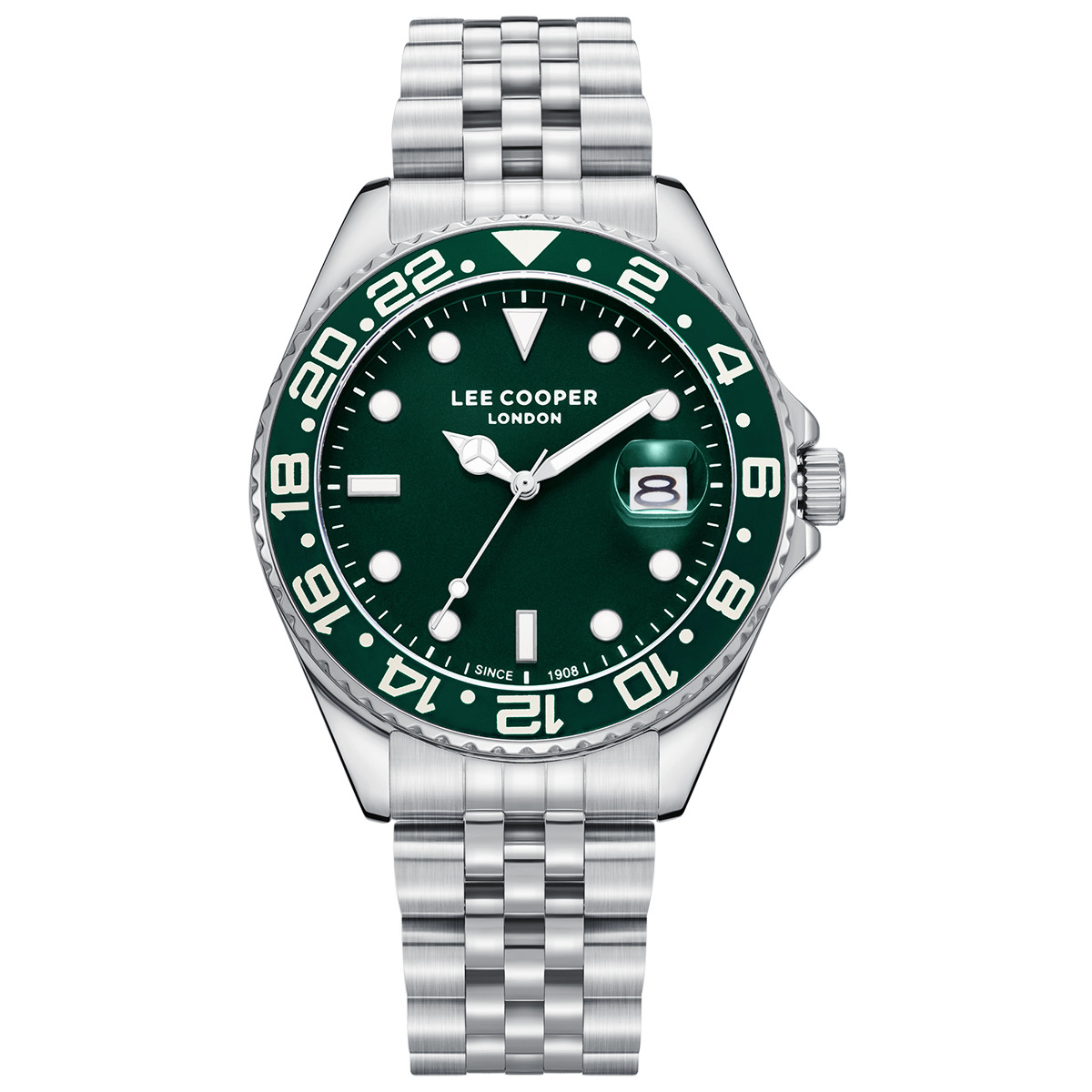 Andriko roloi Lee Cooper me silver bracele kai kadran se skouro prasino xrwma sta 42mm Andriko roloi Lee Cooper silver green lc08142.370