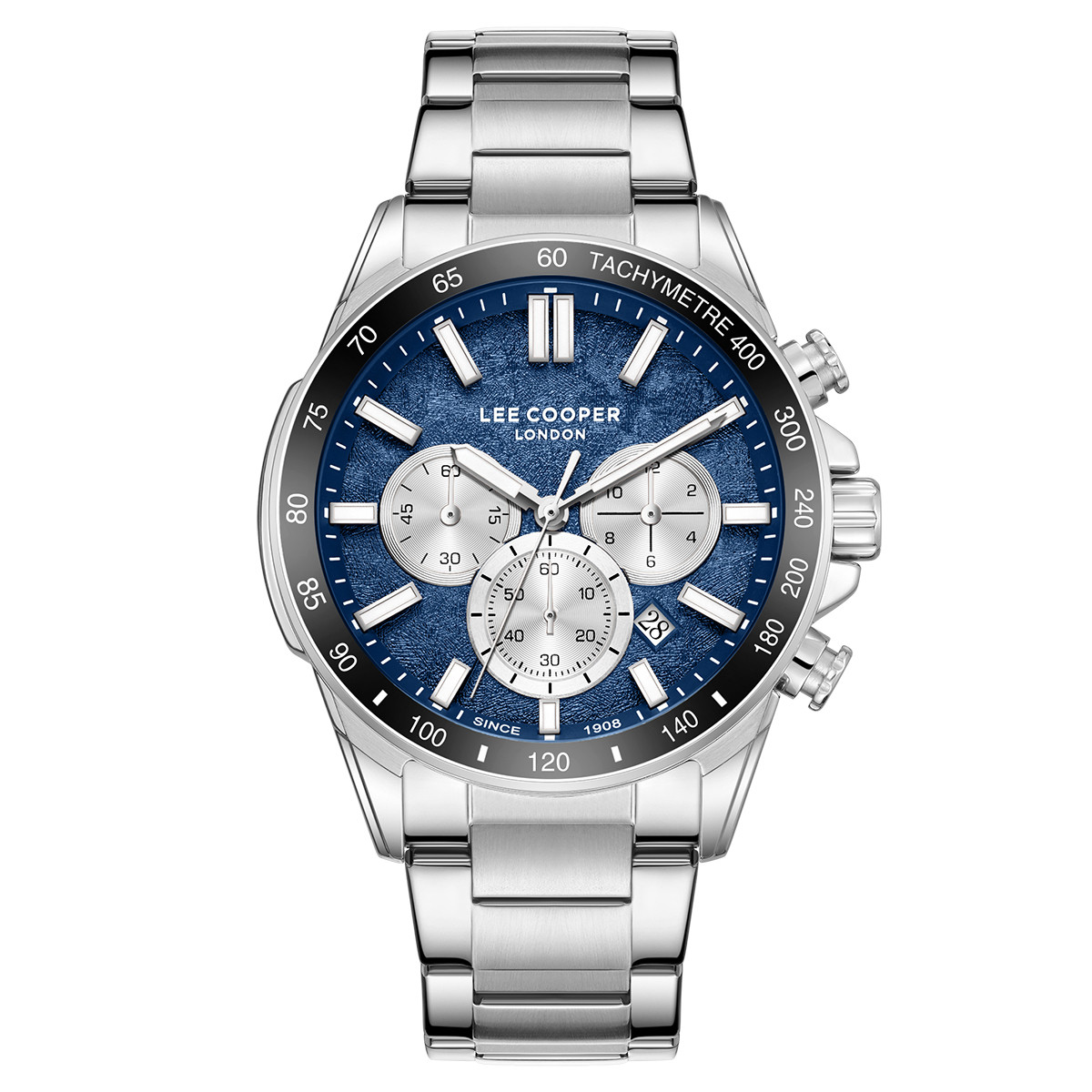 Andriko analogiko roloi Lee Cooper Multifunction me asimi bracele kai mple kadran sta 42 mm. Andriko roloi Lee Cooper Super Metal silver blue lc08240.370