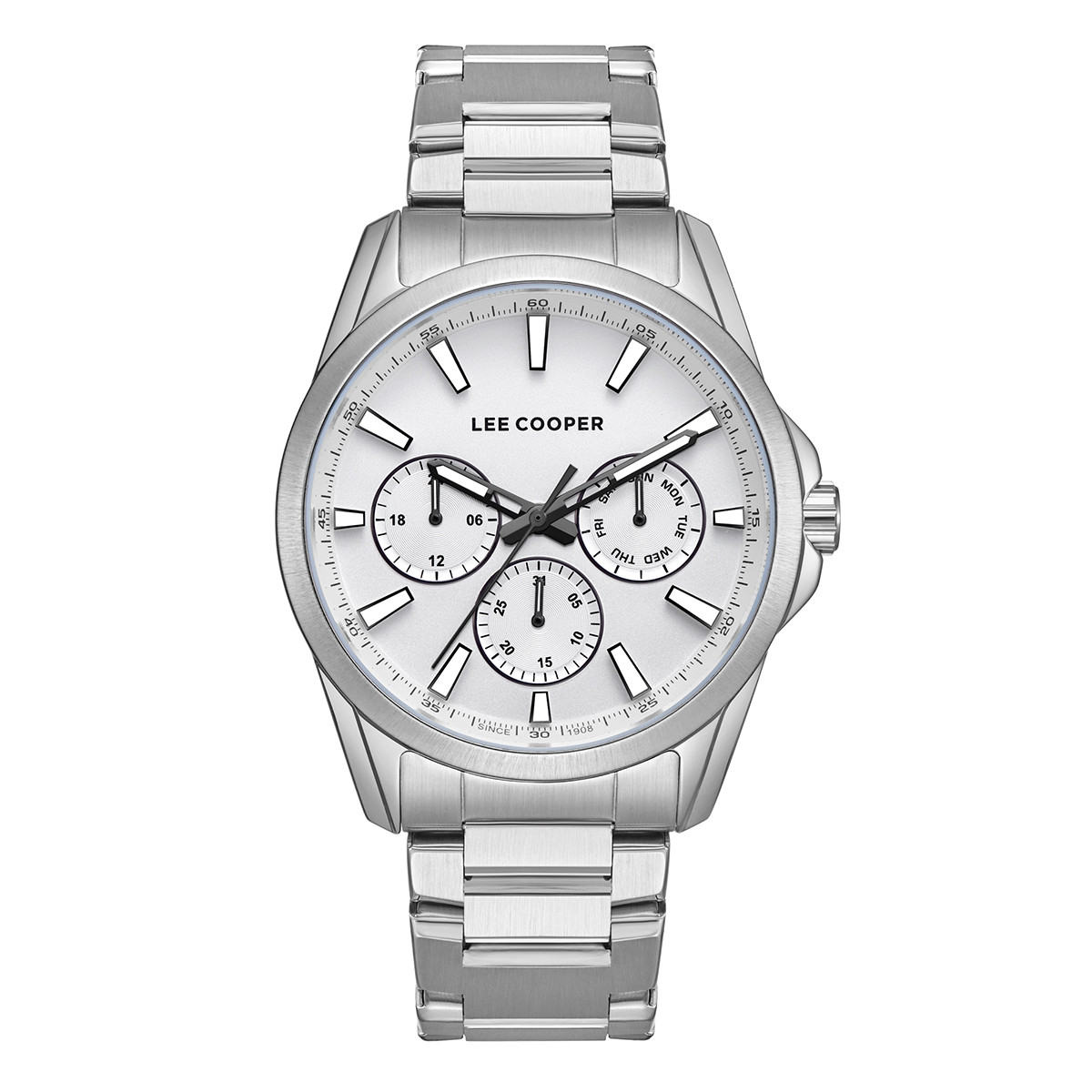 Antriko roloi Lee Cooper me bracele se silver xrwma kai leuko kadran sta 42mm. Andriko roloi Lee Cooper silver lc08105.330
