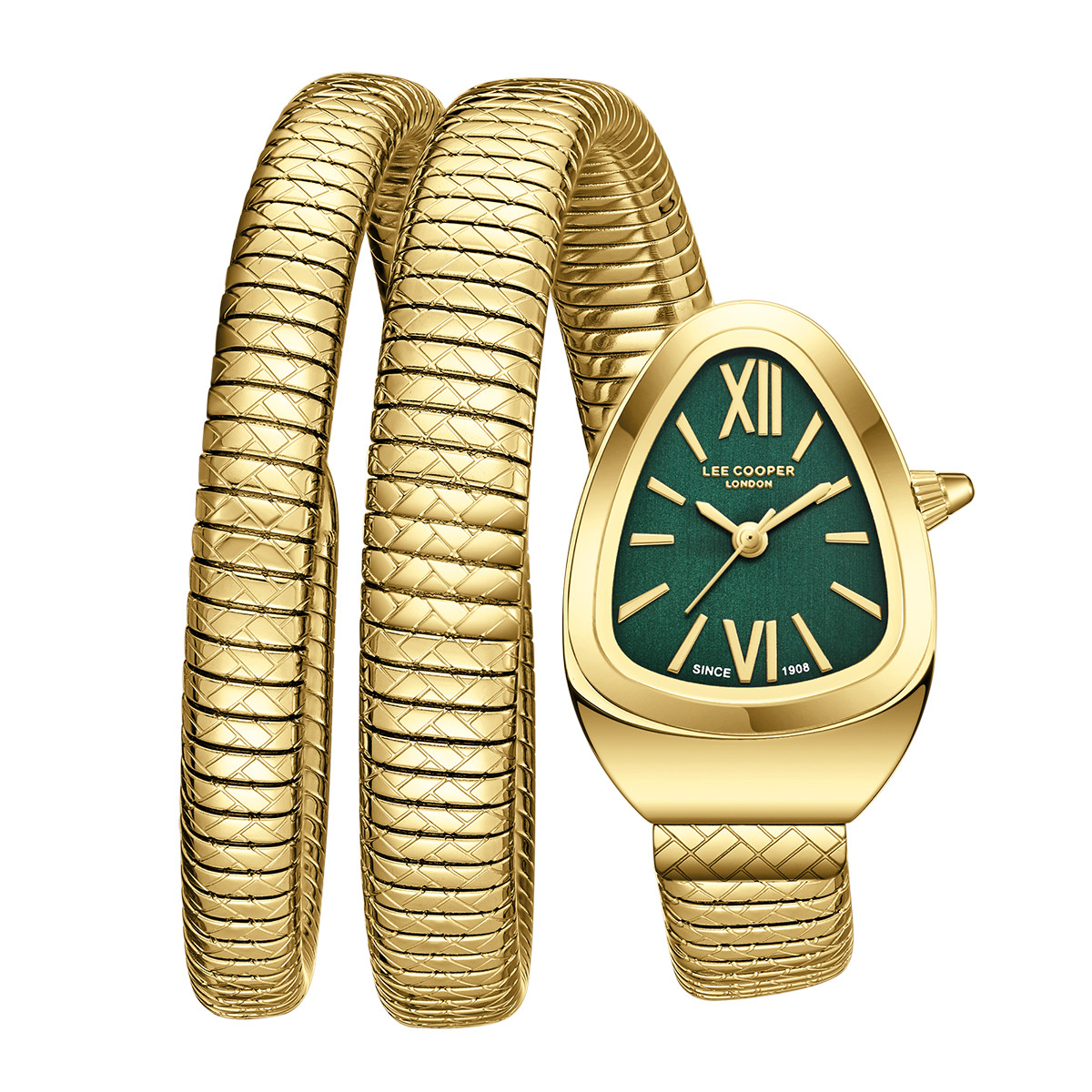 Gunaikeio roloi braxioli se sxhma snake se xruso xrwma me prasino kadran sta 23mm. Gunaikeio roloi braxioli snake gold green lc08173.320